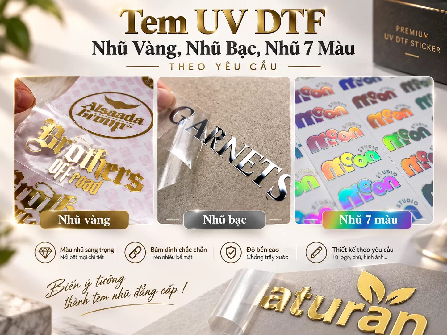 Tem UV DTF Nhũ Vàng, Nhũ Bạc, Nhũ 7 Màu
