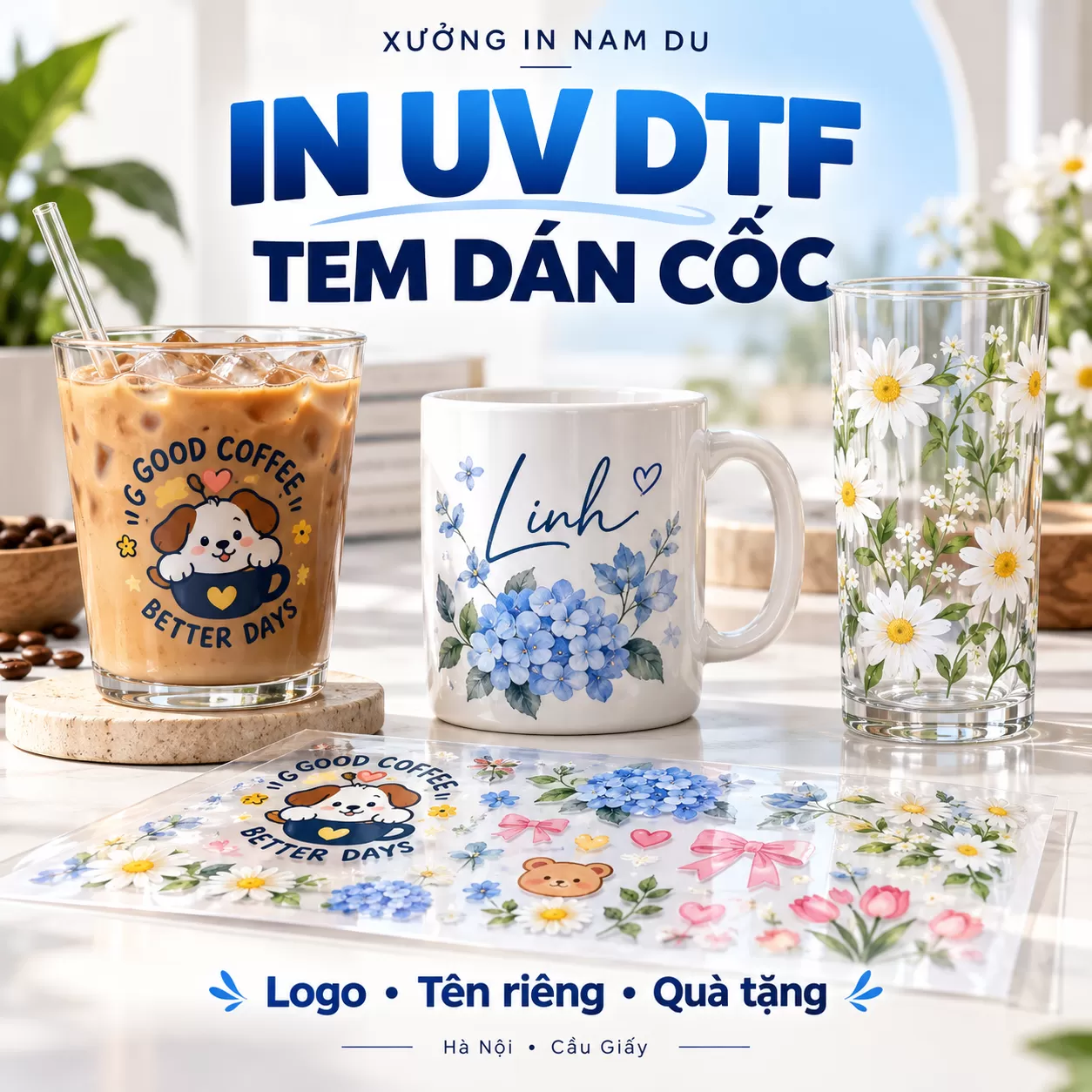 In UV DTF tem dán cốc với logo, tên riêng và họa tiết hoa tại Xưởng In Nam Du