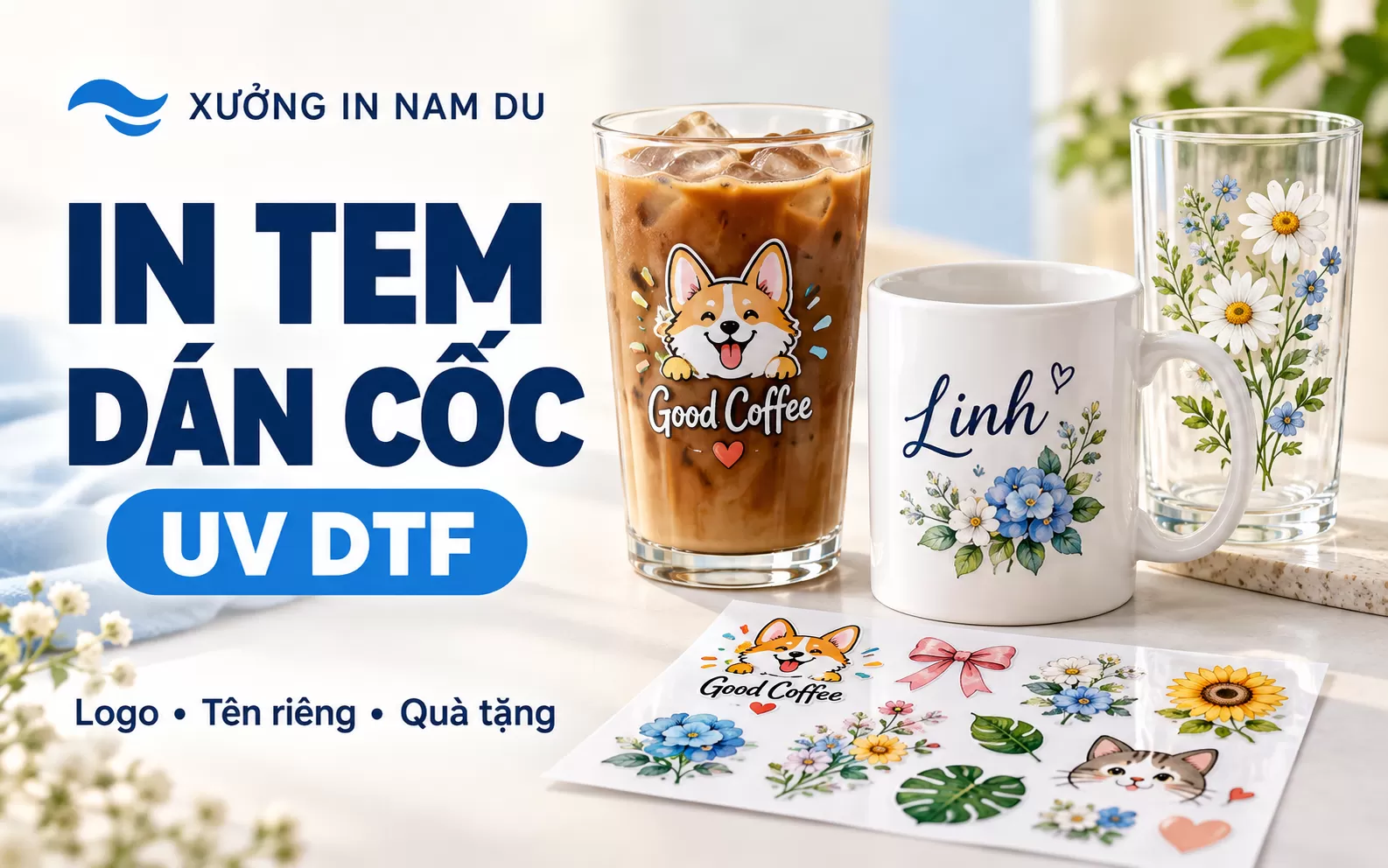 Mẫu in UV DTF dán cốc với logo, tên riêng và hình trang trí