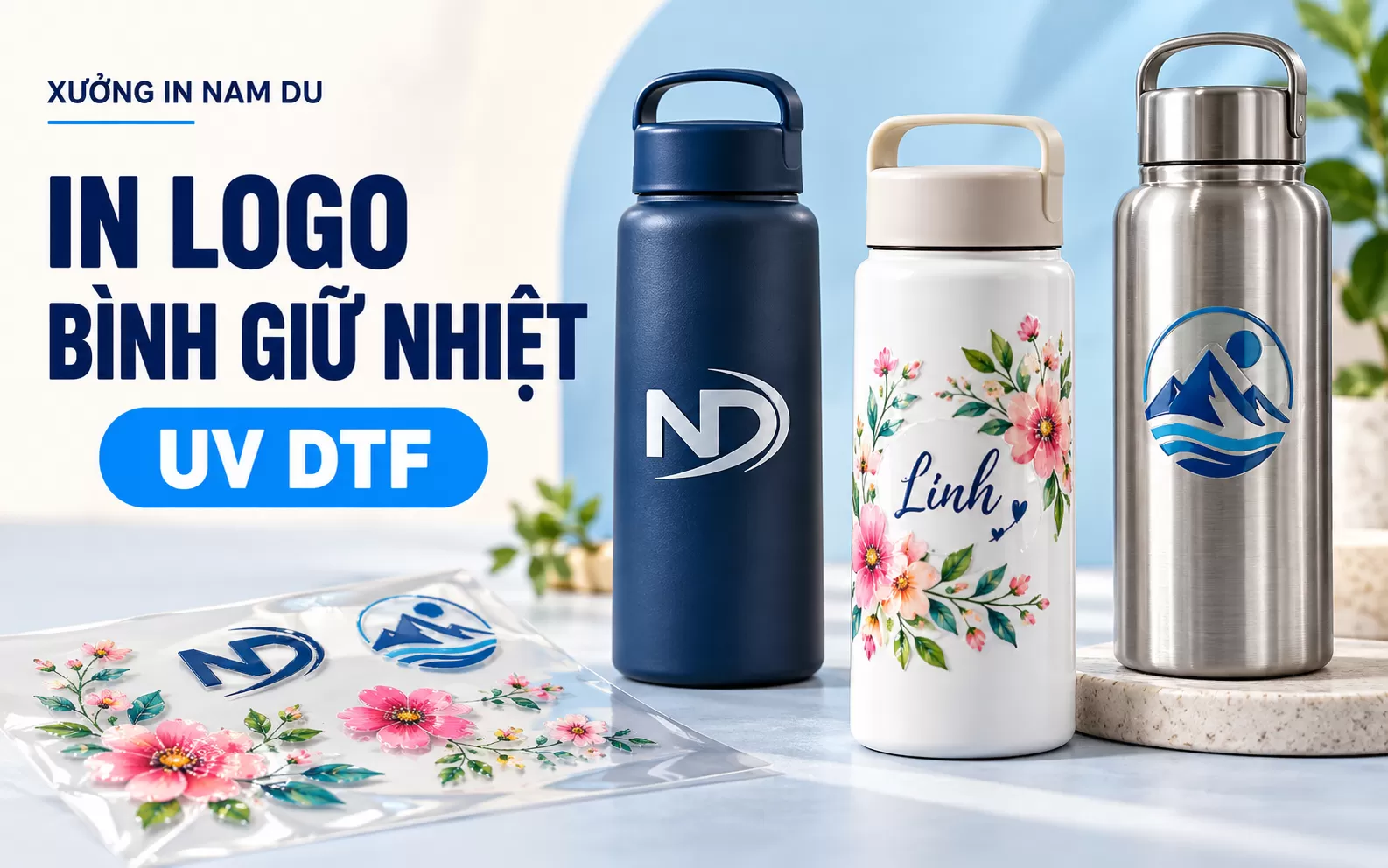 Mẫu in UV DTF logo lên bình giữ nhiệt theo yêu cầu tại Xưởng In Nam Du