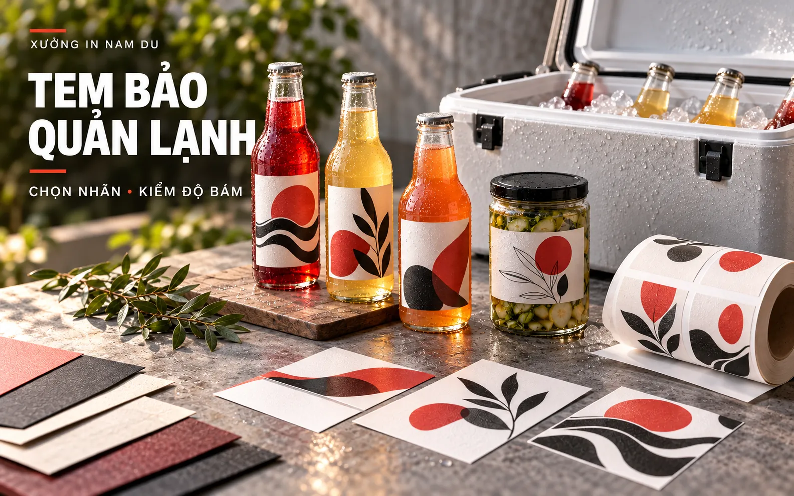 Tem bảo quản lạnh minh họa trên chai đồ uống và hũ trong thùng mát