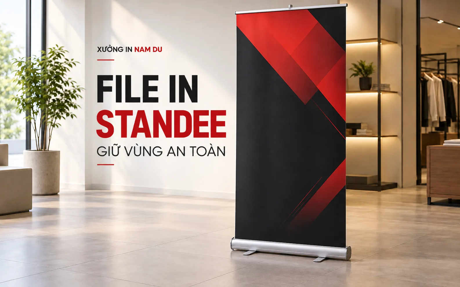 File in standee minh họa bố cục banner cuốn có vùng trống sát chân