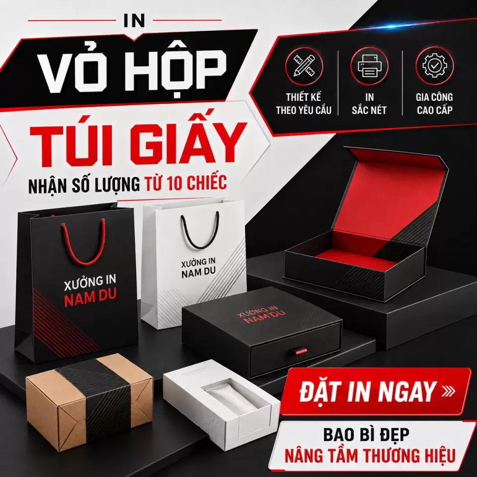 In vỏ hộp, túi giấy theo yêu cầu, nhận số lượng từ 10 chiếc tại Xưởng In Nam Du