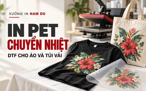 In PET chuyển nhiệt DTF minh họa họa tiết trên áo thun và túi vải cùng màng PET